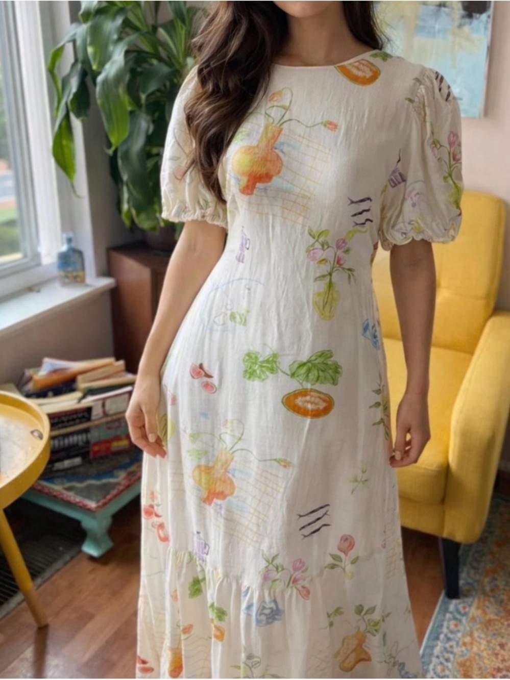 Women's Cream Floral & Fruit Print Puff-Sleeve Maxi Dress